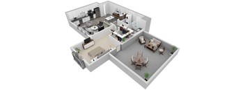 A 3D floor plan of a house with a kitchen, living room, dining room, and bathroom.